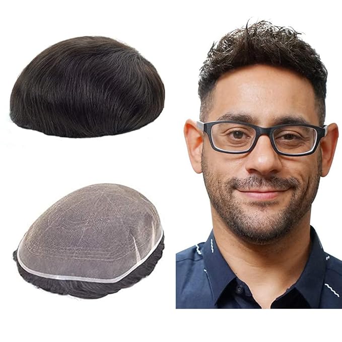 Lordhair Toupee for Men European human hair Full French Lace Hairpieces，Base Size 8x10 inch Hair Replacement System for Men Natural Hairline Human Hair Wig #1B Off Black