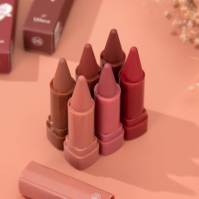 Jolilab 6PCS Lip Liner Lipstick Mini Set, Gradient Matte Nude Velvet Lip Liner Pencil High Pigmented Long Lasting Natural Smooth Lip Makeup Easy-to-Use Crayon Form and Cone Tip