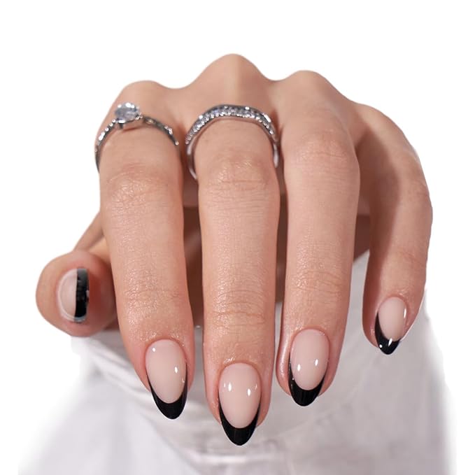 BTArtbox French Tip Press On Nails Almond - Black Press on Nails Short, Glue On Nails for Women Gift, Supremely Fit Natural Reusable Stick On Nails in 16 Sizes - 32 Fake Nails Kit, Black French