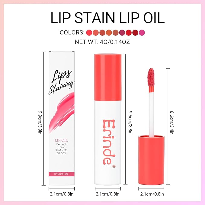 Erinde Lips Staining Lip Oil, Glossy Lip Stain, Long-Lasting Lightweight Lip Staining Oil, Moisturizing Plumping Hydrating Glossy Lip Tint, Vegan & Cruelty-Free, 08