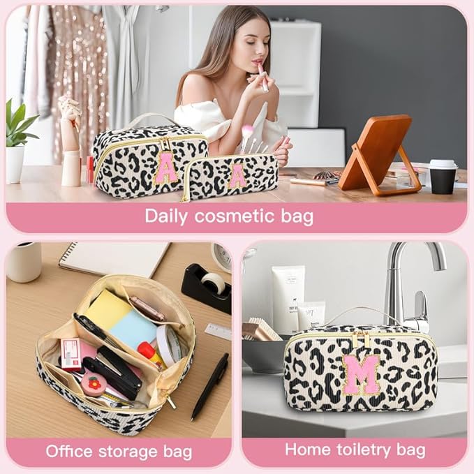 Personalized Travel Makeup Bag Set,Initial Travel Cute Leopard Makeup Organizer Bag,Toiletry Skincare Cosmetic Bag,Christmas Gifts for Women/Girls,Open Flat Toiletry Pouch with Brush Pocket-L