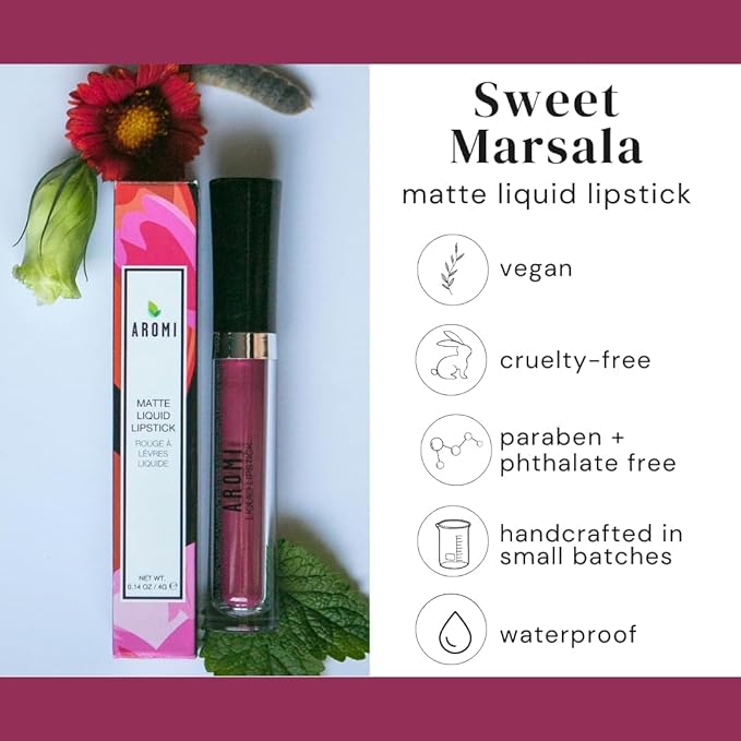 Aromi Matte Liquid Lipstick | Rose Burgundy, Pink Maroon Lip Color, Long Lasting, Waterproof, Long Wear, Smudge Proof, Vegan Makeup (Sweet Marsala)