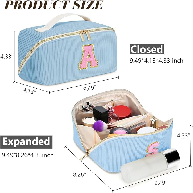 Personalized Initial Makeup Bag,Christmas Gifts for Girl,Preppy Bag Cosmetic Travel Bag Women,Travel Toiletry Organizer,Large Capacity Corduroy Stuff Bag,Cute Cosmetic Pouch Skincare Bag-Q