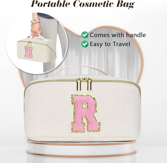 Personalized Initial Makeup Bag,Christmas Gifts for Girl,Preppy Bag Cosmetic Travel Bag Women,Travel Toiletry Organizer,Large Capacity Corduroy Stuff Bag,Cute Cosmetic Pouch Skincare Bag-Z