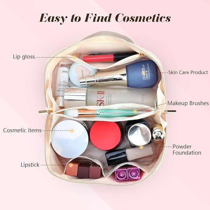 for Christmas Day Gifts, Makeup Bag for Women, PU Leather Travel Toiletry Bags, Initial Make Up Cosmetic Pouch for Teen Girls, Wide Open Portable Skincare Bag, Personalized Birthday Gifts, White Q
