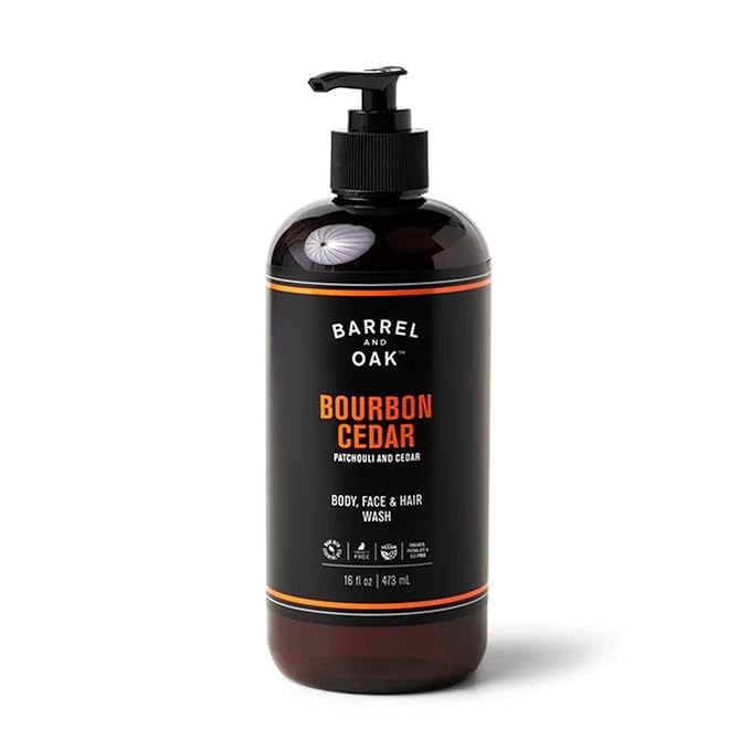 Barrel & Oak All-in-One Wash for Face, Hair, & Body, Vegan & Hydrating Face, Shampoo and Body Wash for Men, Grooming Kit Gifts for Men, Bourbon Cedar, 16 oz
