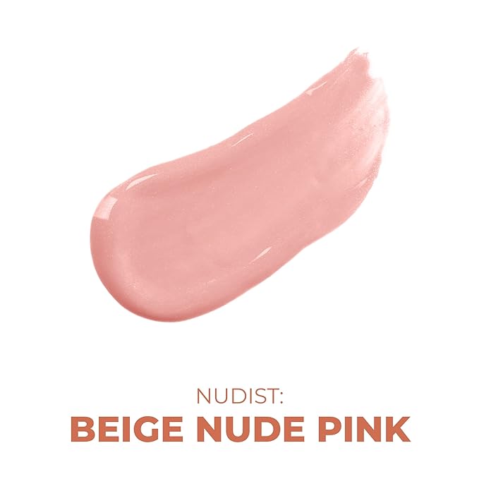 Beauty For Real Lip Gloss + Shine, Nudist - Beige Nude Pink - Non-Sticky Plumping & Hydrating Gloss - Light & Mirror In Cap - Contains Marine Collagen - 0.15 fl oz