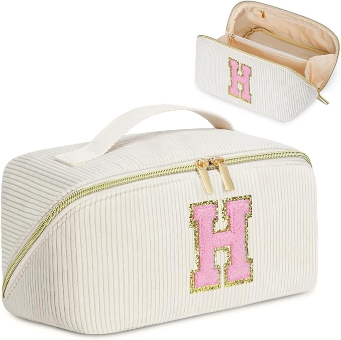 Personalized Initial Makeup Bag,Christmas Gifts for Girl,Preppy Bag Cosmetic Travel Bag Women,Travel Toiletry Organizer,Large Capacity Corduroy Stuff Bag,Cute Cosmetic Pouch Skincare Bag-H