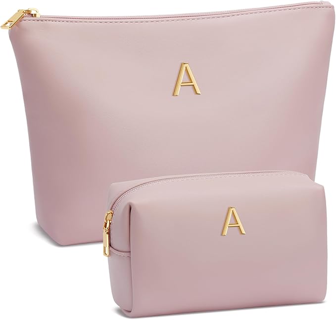 Women Gifts | Initial Makeup Bag Set for Girl Personalized Gifts for Bridesmaid Friend Graduation Teachers PU Leather Cosmetic Travel Toiletry Bag(Pink,A)