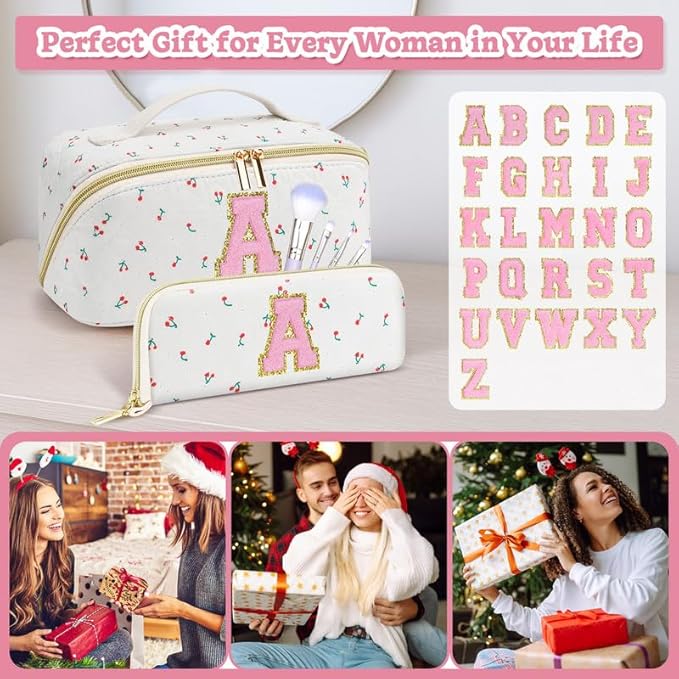 Personalized Travel Makeup Bag Set,Initial Travel Cute Cherry Makeup Organizer Bag,Toiletry Skincare Cosmetic Bag,Christmas Gifts for Women/Girls,Open Flat Toiletry Pouch with Brush Pocket-G