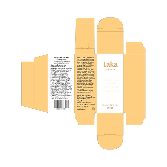 Laka Fruity Glam Lip Tint Mini, Glowing Lip Stain with Wide Color Spectrum, Hydrating & Lightweight Texture, Long-Lasting Bold Stain, Non-Sticky, Vegan, K-Beauty (#112 Ping-pong)