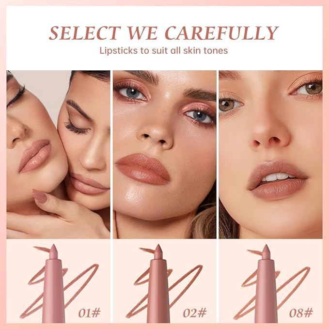 12 Colors Matte Lip Liner Pencil – Long Lasting Waterproof Lip Liner, Smudge Proof Transfer Proof Lip Pencil, High Pigment Lip Makeup for Defining & Filling Lips (A1-set:01+02+08, 3PCS)
