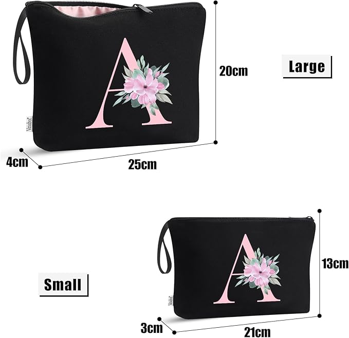 Vavabox A-Z Personalized Makeup Bag, Birthday Gifts for Women Mom, Gifts for Best Friend, Bride Bridesmaid Cosmetic bag (H, 04-Black Set)