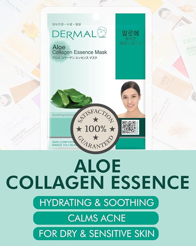 DERMAL Aloe Collagen Essence Facial Mask Sheet 23g Pack of 100 - Skin Revitalizing & Soothing, Refreshing and Moisturizing, Sunburn Relief, Daily Skin Treatment Solution Sheet Mask