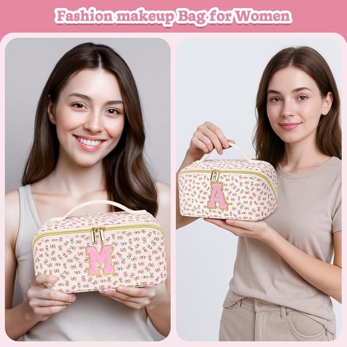 Personalized Travel Makeup Bag Set,Initial Travel Cute Floral Makeup Organizer Bag,Toiletry Skincare Cosmetic Bag,Christmas Gifts for Women/Girls,Open Flat Toiletry Pouch with Brush Pocket-L
