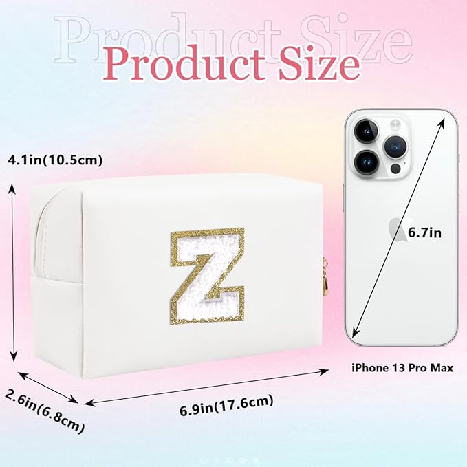 Small Personalized Letter Makeup Bag, Cute PU Leather Chenille Letters Cosmetic Bag Travel Makeup Pouch, Preppy Travel Organizer Zipper Pouch for Women&Girls（White-Z）