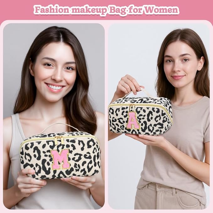 Personalized Travel Makeup Bag Set,Initial Travel Cute Leopard Makeup Organizer Bag,Toiletry Skincare Cosmetic Bag,Christmas Gifts for Women/Girls,Open Flat Toiletry Pouch with Brush Pocket-E