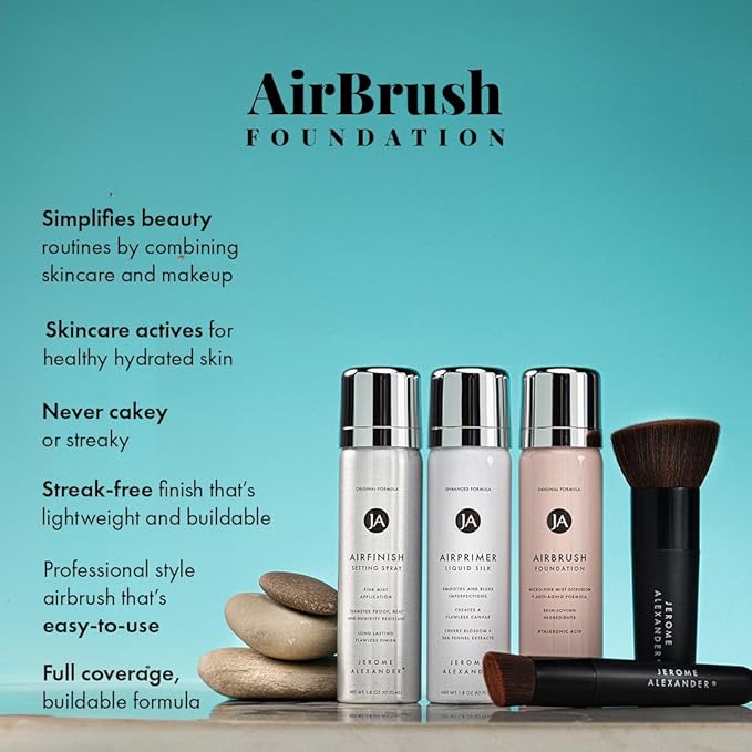 MagicMinerals AirBrush Foundation Set by Jerome Alexander - Complete 5pc Spray Makeup Set with Foundation, Primer, and Setting/Finishing Spray - for Smooth, Radiant Skin (Warm Medium)