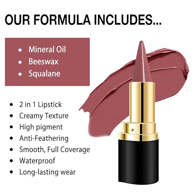 evpct Mauve Gradient Matte Lipstick Lip Liner Crayon Combo Pencil Set for Women Long Lasting Waterproof, Mauve Red Matte Cream Lip Liner and Lipstick Combo Makeup, Flawless Gradual Ombre Effect