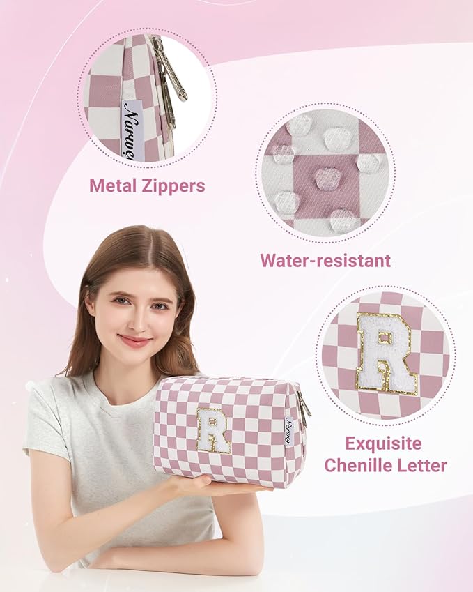 Narwey Birthday Gifts for Teen Girls Kids Women Personalized Initial Checkered Makeup Bag Pink Monogram Cosmetic Bag Trendy Stuff 6 8 10 11 12 13 14 16 18 Years Old Travel Toiletry Bag (Dusty Rose R)