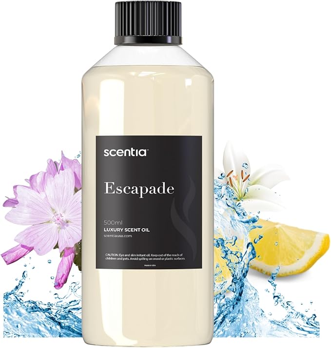 Scentia Hotel Diffuser Oil Inspired by 5-Star Hotel Scent - 500 ml 16.9 fl oz - Fragrance Oil Blend Botanical Jasmine & Marine Notes for Aromatherapy Diffusers - Escapade, Thanksgiving Gift