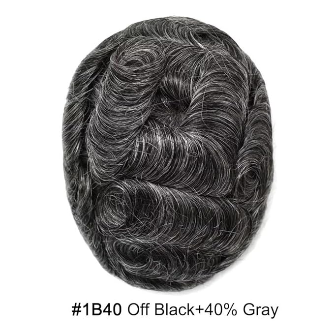 FACE MIRACLE Toupee for Men French Lace Hairpiece Human Hair Replacement System Skin PU Mens Toupee V-Looped Front Hair Piece 6X9#1B40 1B# OFF BLACK WITH 40% SYNTHETIC GREY-80% Light Density