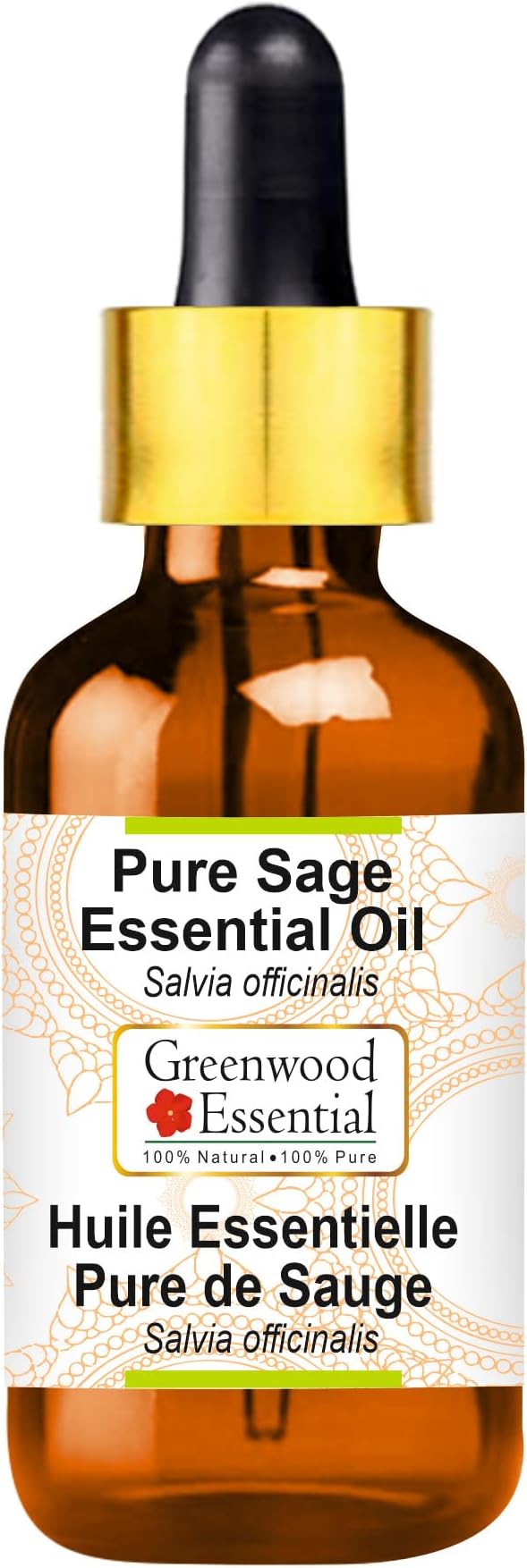 Greenwood Essential Pure Sage Essential Oil (Salvia officinalis) with Glass Dropper Steam Distilled 50ml (1.69 oz)