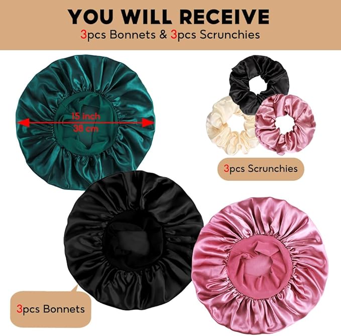 3+3 Large Satin Bonnets with Scrunchies for Women, Wide Band Hair Bonnet for Sleeping Braids Curly Hair