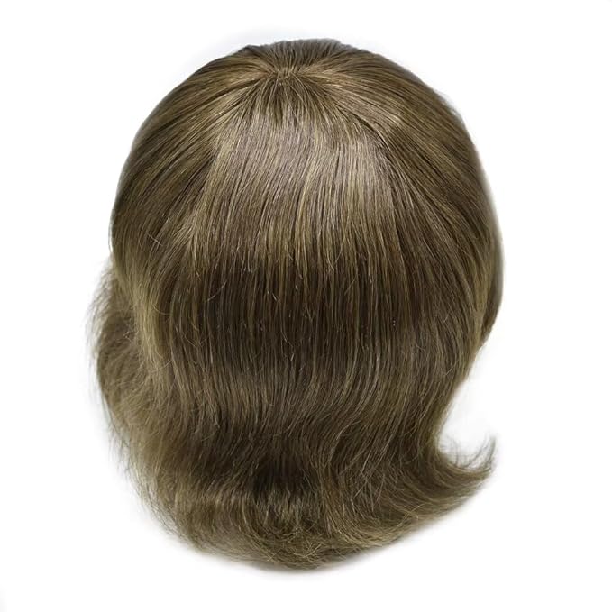 Mens Toupee Human Hair Piece French Lace Toupee for Man Hair System Indian Human Hair Replacement Systems V-Looped PU Front Hairpieces 7"X10" #310 Dark Brown with 10% Gray