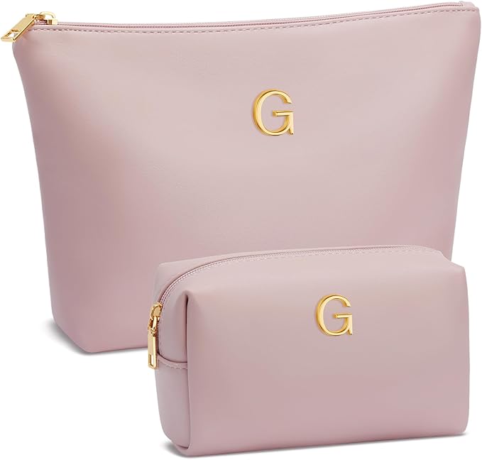 Women Gifts | Initial Makeup Bag Set for Girl Personalized Gifts for Bridesmaid Friend Graduation Teachers PU Leather Cosmetic Travel Toiletry Bag(Pink,G)