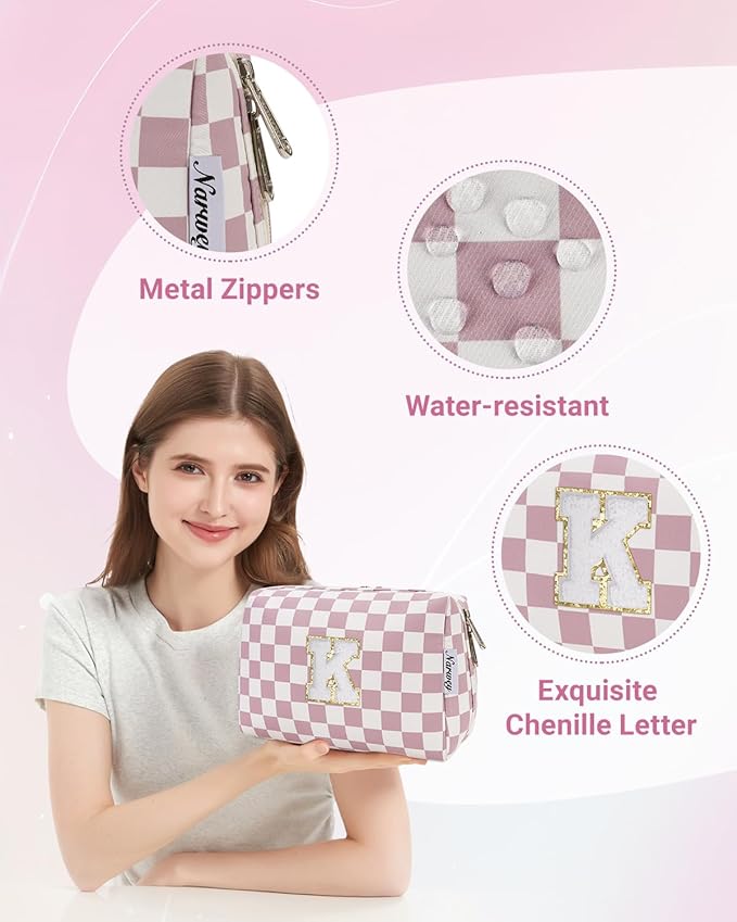 Narwey Birthday Gifts for Teen Girls Kids Women Personalized Initial Checkered Makeup Bag Pink Monogram Cosmetic Bag Trendy Stuff 6 8 10 11 12 13 14 16 18 Years Old Travel Toiletry Bag (Dusty Rose K)