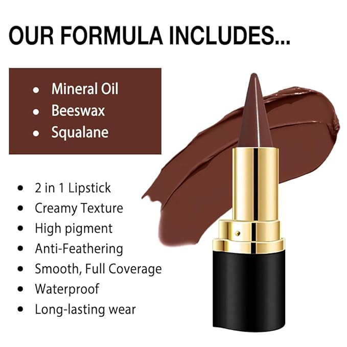 evpct Dark Brown Gradient Matte Lipstick Lip Liner Crayon Combo Pencil Set for Women Long Lasting Waterproof, Cocoa Brown Matte Cream Lip Liner and Lipstick Combo Makeup, Flawless Gradual Ombre Effect