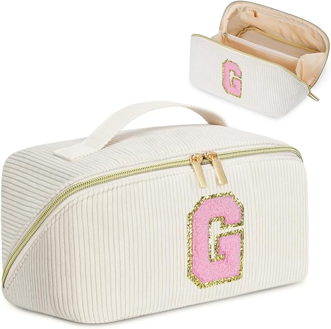 Personalized Initial Makeup Bag,Christmas Gifts for Girl,Preppy Bag Cosmetic Travel Bag Women,Travel Toiletry Organizer,Large Capacity Corduroy Stuff Bag,Cute Cosmetic Pouch Skincare Bag-G