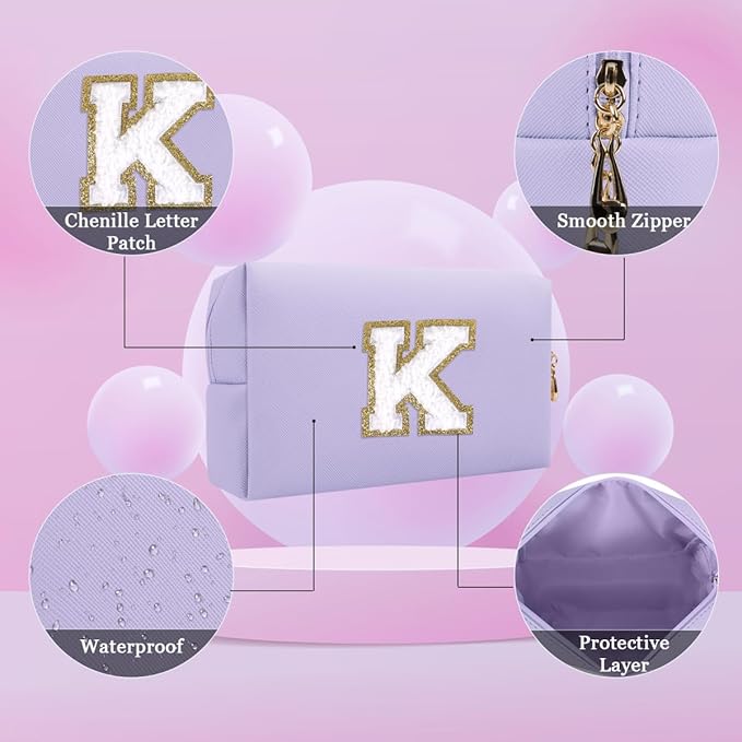 Small Personalized Letter Makeup Bag, Cute PU Leather Chenille Letters Cosmetic Bag Travel Makeup Pouch, Preppy Travel Organizer Zipper Pouch for Women&Girls（Purple-K）
