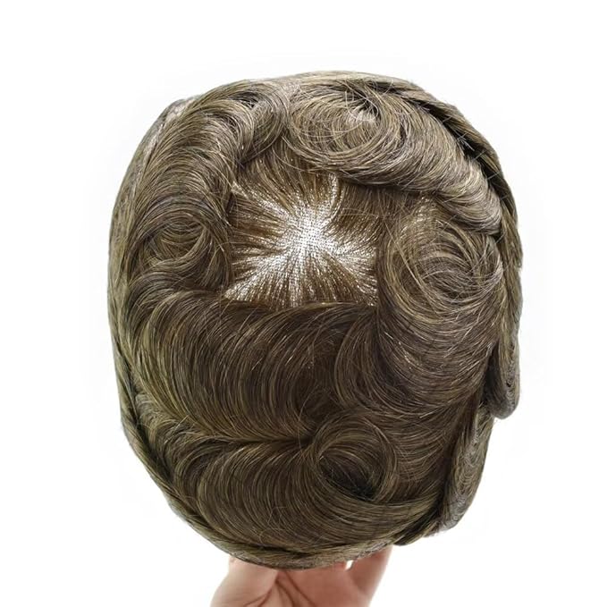 Mens Toupee Human Hair Piece French Lace Toupee for Man Hair System Indian Human Hair Replacement Systems V-Looped PU Front Hairpieces 7"X9" #1710 Dark Ash Blonde with 10% Gray