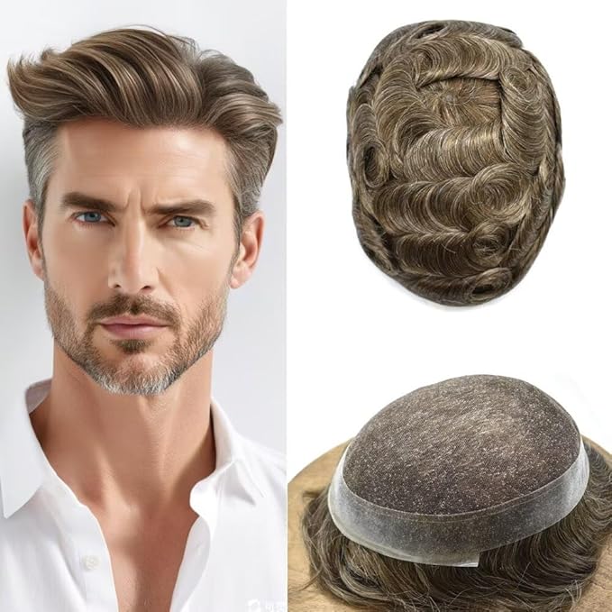 FACE MIRACLE French Lace Mens Toupee Human Hair System Lace Center Toupee for Men Thin Skin PU Around Hair Replacement System V-Looped Mens Hair Wig 6"X8" #760 7# VERY LIGHT BROWN WITH 60% GREY