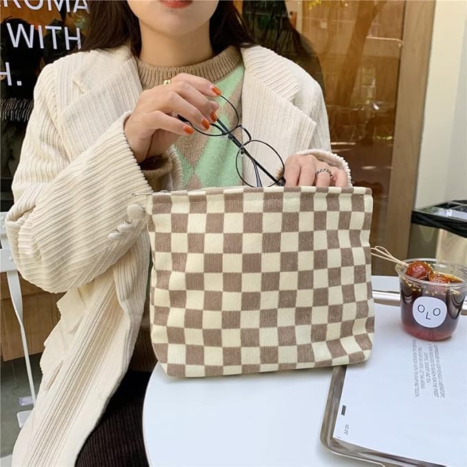 PAZIMIIK Makeup Bag Large Zipper Corduroy Make Up Pouch for Purse Travel Canvas Cosmetic Organizer for Women Brush Storage,Checkered Light Brown