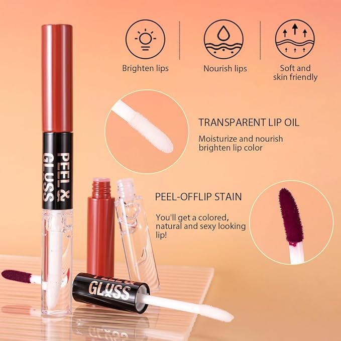2Pcs Lip Stain Peel Off Lip Gloss oil Dual-Ended Combo, Lips Liner Stain Peel Off Masque, Long Lasting & Waterproof, Transfer-Proof Lip Tint Stain with Lip oil for All Skin Type 05#+08#