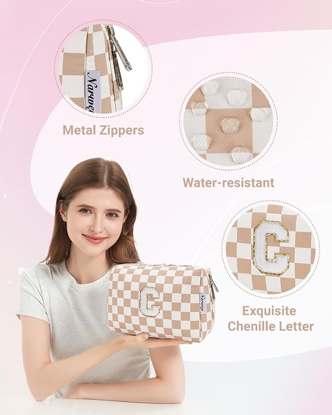 Narwey Birthday Gifts for Women Teen Girls Kids Personalized Initial Checkered Makeup Bag Cute Cosmetic Bag Trendy Stuff 6 8 10 11 12 13 14 16 18 Years Old Travel Toiletry Bag (Brown Letter C)