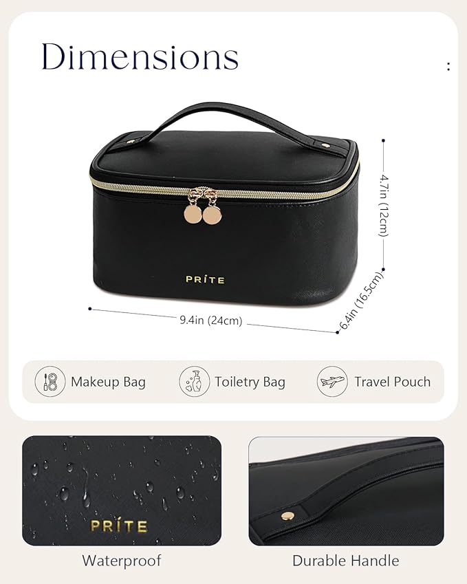Prite Makeup Bag Portable Cosmetic Organizer with Brush Holder Waterproof Travel Toiletry Bag for Women with Handle and Divider (Black)