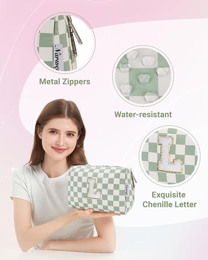 Narwey Birthday Gifts for Teen Girls Women Personalized Initial Checkered Makeup Bag Preppy Cosmetic Bag Trendy Stuff 6 8 10 11 12 13 14 16 18 Years Old Travel Toiletry Bag (Green Letter L)