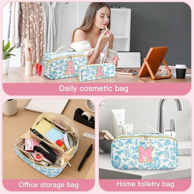 Personalized Travel Makeup Bag Set,Initial Travel Cute Floral Makeup Organizer Bag,Toiletry Skincare Cosmetic Bag,Christmas Gifts for Women/Girls,Open Flat Toiletry Pouch with Brush Pocket-V