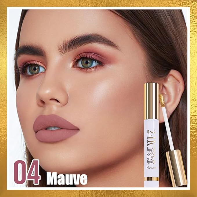 All Day Lip Stain Peel Off Gold Liquid Lip Gloss Tattoo, Mauve Matte Finish Peel Off Lip Stain Masque, Long Lasting Waterproof Lip Tint, Transfer-proof for All Skin Types 04#