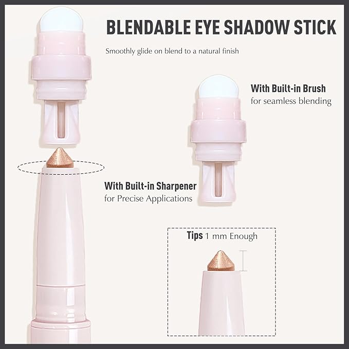 Taupe Shimmer Eyeshadow Stick, Cream Eyeshadow Long-Lasting Crease-Proof Neutral Glitter Eye Shadow Eyeliner Pencil High Pigmented Highlighter Makeup with Blending Brush & Built-in Sharpener