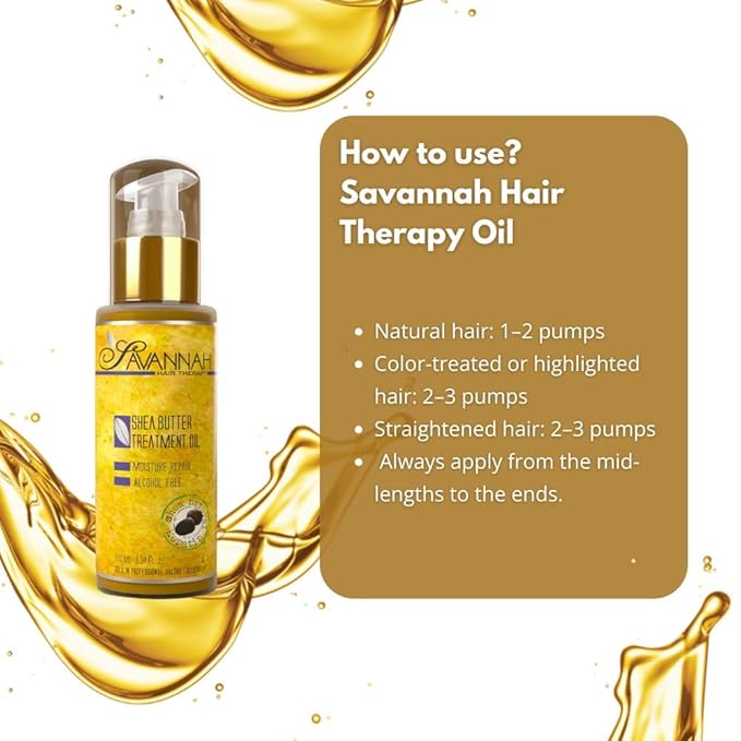 Savannah Hair Therapy Hair Oil with Shea Butter & Keratin- Restore, Revive, Nourish for Dry, Damaged & Color Treated Hair, 3.38 Fl Oz/100 ml