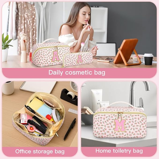 Personalized Travel Makeup Bag Set,Initial Travel Cute Floral Makeup Organizer Bag,Toiletry Skincare Cosmetic Bag,Christmas Gifts for Women/Girls,Open Flat Toiletry Pouch with Brush Pocket-A