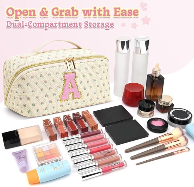 Personalized Travel Makeup Bag Set,Initial Travel Cute Floral Makeup Organizer Bag,Toiletry Skincare Cosmetic Bag,Christmas Gifts for Women/Girls,Open Flat Toiletry Pouch with Brush Pocket-W
