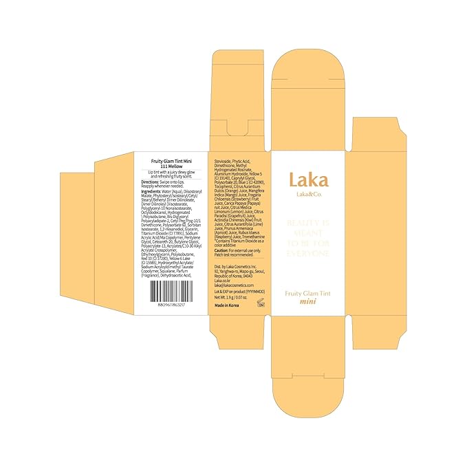 Laka Fruity Glam Lip Tint Mini, Glowing Lip Stain with Wide Color Spectrum, Hydrating & Lightweight Texture, Long-Lasting Bold Stain, Non-Sticky, Vegan, K-Beauty (#111 Mellow)