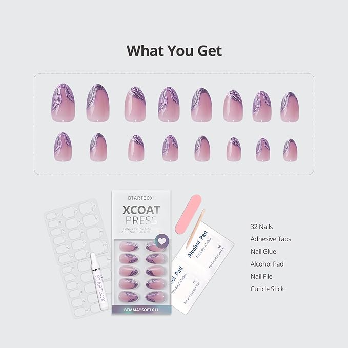 BTArtbox French Tip Press On Nails - Lamp-Curable Chrome Short Almond Press On Nails with Glue for Women, Semi-Transparent Soft Gel Glue On Nails in 16 Sizes - 32 Stick On Nails Kit, Mermaid Tail