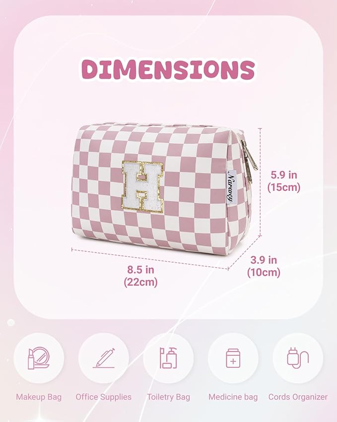 Narwey Birthday Gifts for Teen Girls Kids Women Personalized Initial Checkered Makeup Bag Pink Monogram Cosmetic Bag Trendy Stuff 6 8 10 11 12 13 14 16 18 Years Old Travel Toiletry Bag (Dusty Rose H)